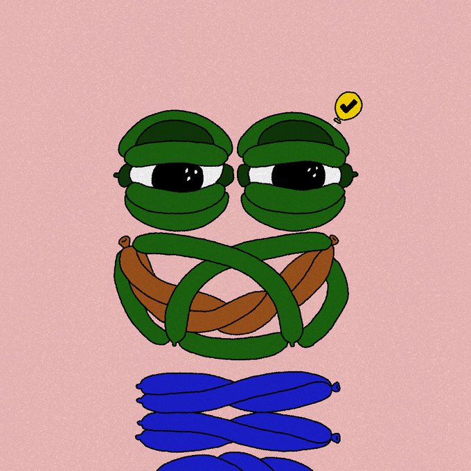 Digital illustration of a green character with large eyes, a yellow verification checkmark speech bubble, and stacked blue balloon-like segments on a pink background.