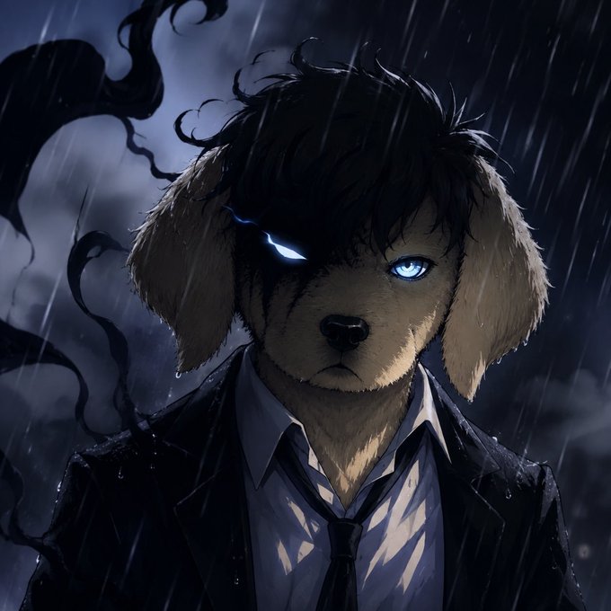 A dark-haired dog-like character with glowing blue eyes and a black suit stares out from a stormy, shadowy background, embodying the ominous and bearish "$JOTCHUA bottom" sentiment.