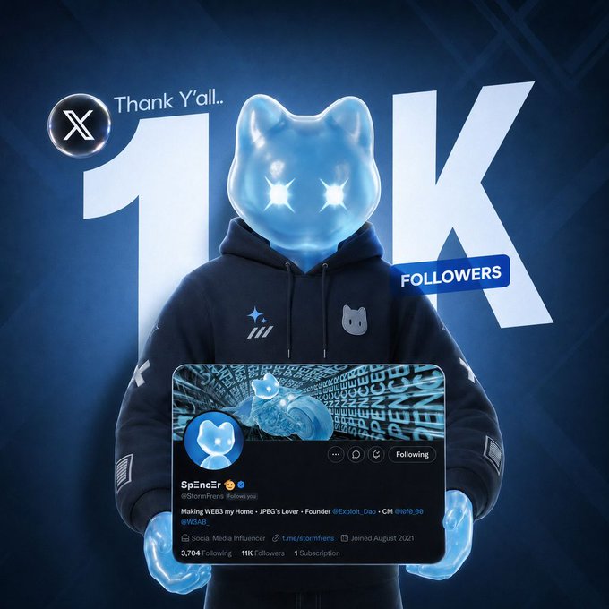 A promotional graphic celebrating '11K FOLLOWERS' on X, showing a blue cat-like character in a hoodie with a Twitter profile for '@SpEncEr'.
