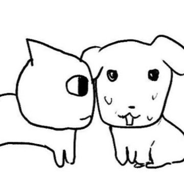 A simple black-and-white line drawing of a cat and a dog touching heads.
