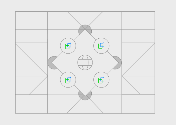 A digital diagram showing a floor plan layout with a central globe icon surrounded by four folder/document icons in circles, with gray semi-circles at the cardinal points indicating sensor or coverage areas.