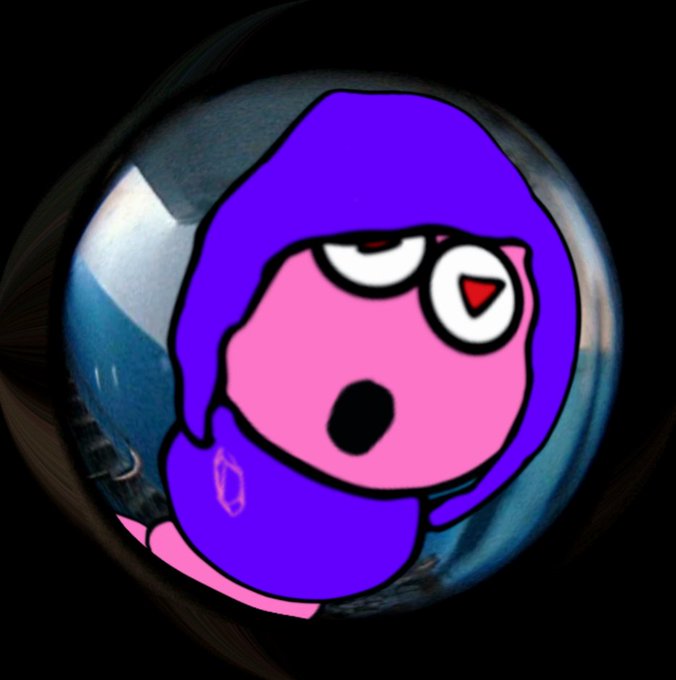 A distorted circular image showing a cartoon character with pink skin, a blue hood, and an open mouth, appearing warped as if reflected in a sphere.