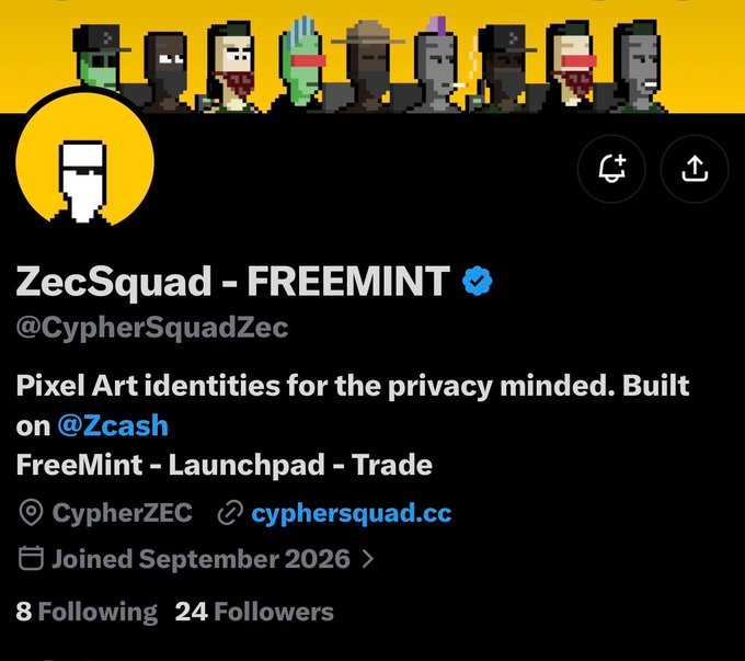 A Twitter/X profile for 'ZecSquad - FREEMINT' (@CypherSquadZec) with a banner of pixel art characters, describing 'Pixel Art identities for the privacy minded. Built on @Zcash' and joined September 2026.