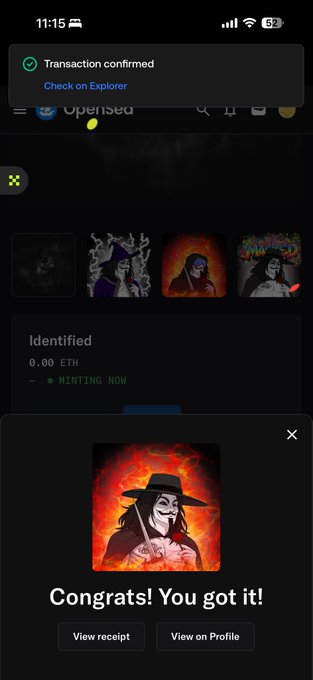 The image shows a screen with an app called Minted, which is used for minting cryptocurrency protocols like identity wallets and other digital assets. The text of the screen indicates that the user has successfully minted their Masked identity protocol, and they are now the proud owner of a new digital asset. The post also congratulates the user on this accomplishment by sharing their achievement with others.
