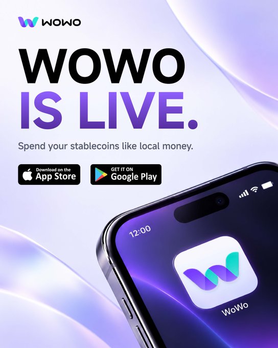 A promotional banner for the WOWO app, featuring the headline 'WOWO IS LIVE.' and the tagline 'Spend your stablecoins like local money,' with App Store and Google Play download buttons alongside a smartphone displaying the app icon.