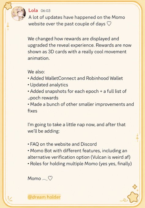 A screenshot of a Telegram-style message from 'Lola' at 06:03 discussing updates to the 'Momo website', including changes to how rewards are displayed as 3D cards, added WalletConnect and Robinhood Wallet support, and upcoming features like an FAQ and Momo Bot.