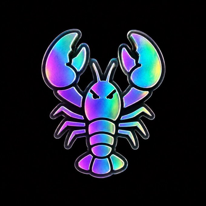 A holographic lobster sticker with iridescent rainbow coloring on a black background, symbolizing a $CLAWD crypto token with its crustacean mascot, tying into the post's message about deflationary tokenomics and community pride.