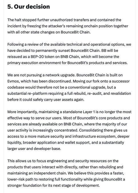 A text announcement titled "5. Our decision" explaining BounceBit's decision to permanently sunset BounceBit Chain and reissue BB as a BEP-20 token on BNB Chain following an incident.