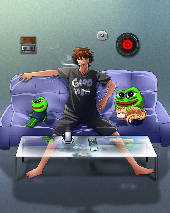 An anime-style illustration of a red-haired character in a 'GOOD VIBES' t-shirt and headphones lounging on a purple couch, flanked by Pepe the Frog plushies and a sleeping cat, with cassettes and a speaker mounted on the wall behind him.