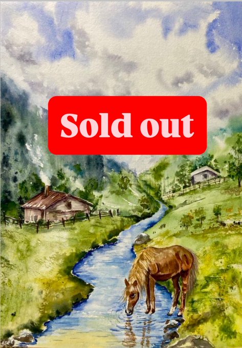 A watercolor painting depicting a pastoral scene with a brown horse drinking from a stream, green hills, a small house, and cloudy skies, overlaid with a red 'Sold out' label.