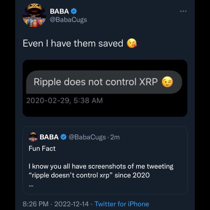 A tweet from verified user BABA (@BabaCugs) shows he still has saved his February 2020 screenshot stating "Ripple does not control XRP," with a follow-up "Fun Fact" noting followers have been sharing this since 2020. The image humorously supports the accompanying post's point that Ripple doesn't control XRP's price action, only playing its role like everyone else.