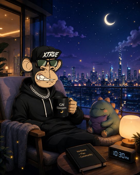 A cartoon monkey wearing an 'XTRUE' cap and sunglasses sits in a black hoodie, holding a 'GN Sleepers' mug beside a sleeping dinosaur plush, with a notebook displaying 'Wellness, Play, Community' and a clock showing 10:30 PM against a nighttime city skyline.