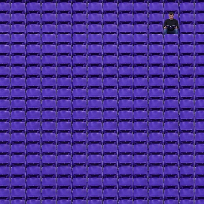 A lone person sits in the upper right corner of a vast grid of empty purple stadium seats, visually echoing the message of showing up alone. The minimalist composition emphasizes solitude and quiet dedication, reinforcing the post's inspirational theme of perseverance despite an absent audience.