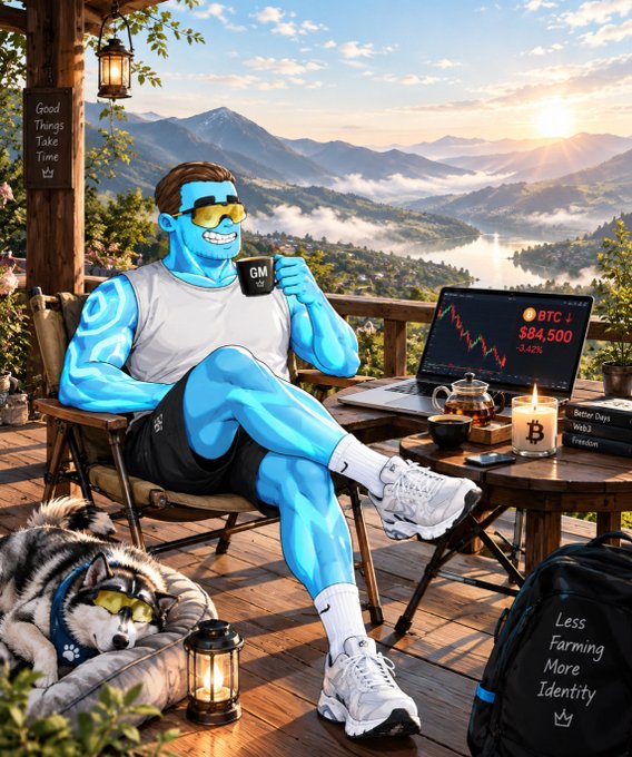 An illustrated scene of a blue-skinned muscular character wearing yellow sunglasses, sitting on a deck overlooking mountains at sunset while holding a 'GM' mug, with a husky dog, a laptop showing BTC at $84,500, and a backpack labeled 'Less Farming More Identity'.