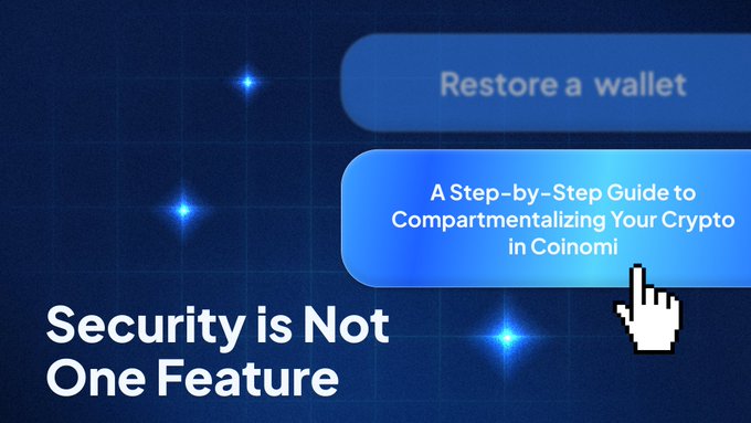 A digital interface screenshot with the text 'Security is Not One Feature,' a cursor clicking on a button labeled 'A Step-by-Step Guide to Compartmentalizing Your Crypto in Coinomi,' and another button reading 'Restore a wallet.'