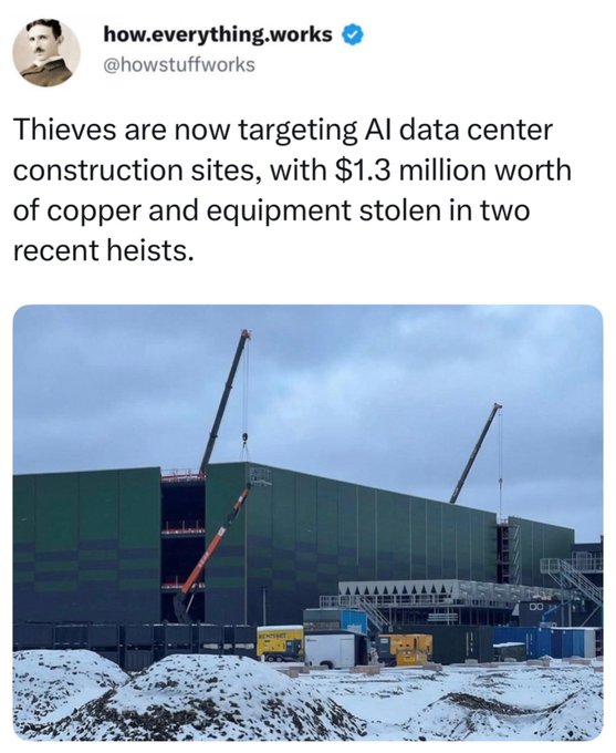 A tweet from 'how.everything.works' (@howstuffworks) reports that thieves stole $1.3 million worth of copper and equipment from two AI data center construction sites, accompanied by a photo of a green building under construction with cranes.