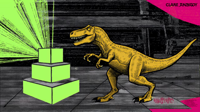 A stylized illustration features a yellow velociraptor approaching a glowing green stack of cubes, with 'CLARA_ANG/SOY' written in the top right corner.
