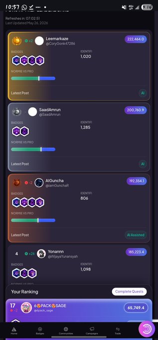 The image shows a phone screen displaying a list of names, each accompanied by a score or rating. The names are displayed in purple text against a dark background, with numbers and symbols indicating their respective scores or ratings. The phone's screen also displays a message about an ongoing campaign that has been updated after five days. The post suggests that there is still time left for the campaign to conclude, as it mentions "focus on what is in the image" and "listerp" being among the names displayed.