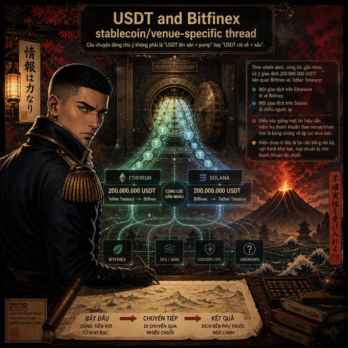 A complex infographic titled 'USDT and Bitfinex stablecoin/venue-specific thread' showing 200,000,000 USDT on Ethereum and Solana moving through a 'Tether Treasury' to Bitfinex, DEX/AMM, Custody/OTC, and Unknown destinations, with Vietnamese and Japanese text.