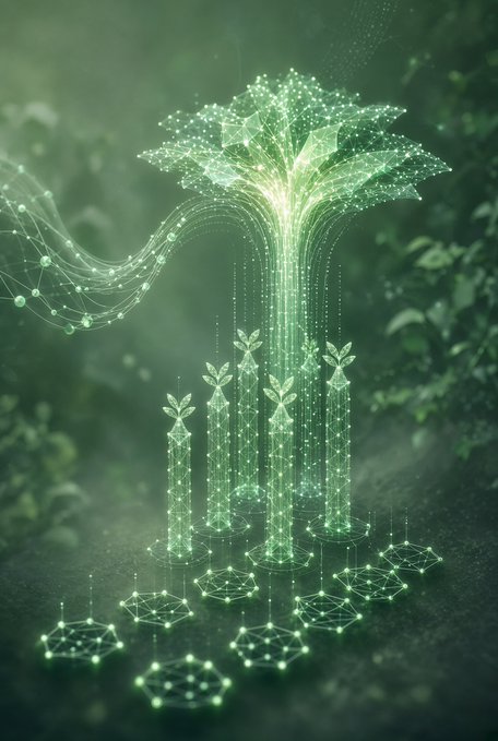 A digital artwork shows glowing green holographic plants, including a central palm tree and smaller seedlings, connected by particle streams above geometric hexagonal patterns.