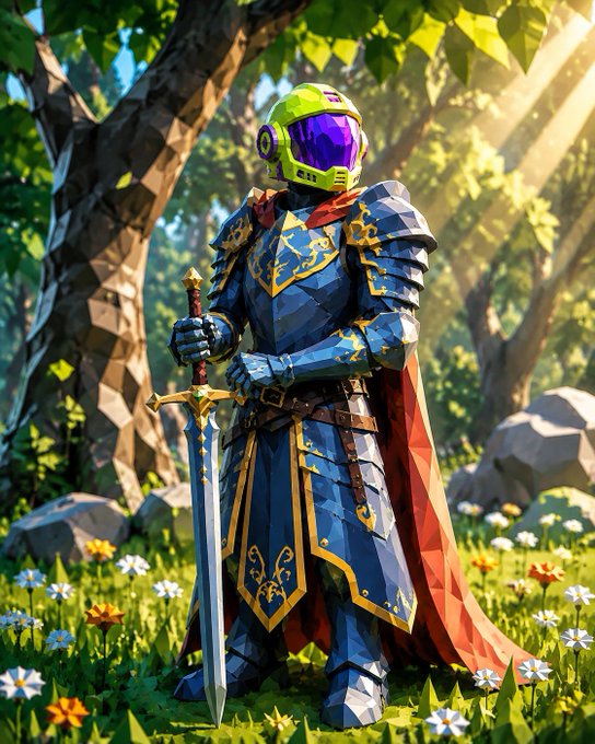 A low-poly digital artwork features a knight in blue and gold armor with a red cape and a green, futuristic helmet, standing in a sunlit forest clearing holding a sword.