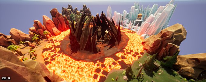 The image features a cartoon-like scene of a lava island with various elements, including trees, rocks, and mountains. The island has a unique blend of colors, with some areas appearing orange due to the presence of lava, while others are green or brown from vegetation. A small building can be seen on one side of the island.

The image is accompanied by a caption that reads "Got to test the newest game coming to @OthersideMeta @PrimalOtherside and @Marcel_Drizer are cooking This one’s going to be fun when it opens up Wen Mars Cats test?". The post seems to be promoting an upcoming video game release, possibly related to the lava island environment.