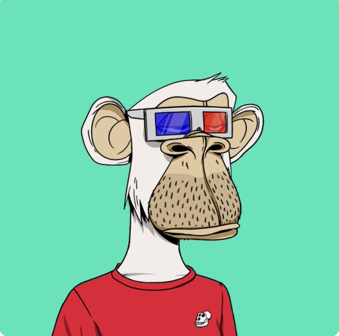 The image features a cartoon monkey wearing glasses and a red shirt with an "X" on it. The monkey appears to be bored and is looking off into space while wearing 3D glasses, giving the impression that he's watching something out of frame or in outer space. The background color is green, which contrasts with the white monkey and adds depth to the image. The post includes a caption that reads "I would say, 'bored ape yacht club' You would ask, 'why?', I would reply, 'bored ape yacht club'"