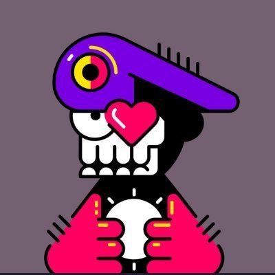 A surreal cartoon-style illustration featuring a purple cyclops-like creature with a heart on its face emerging from a skull, with two pink hands below holding a glowing white orb.