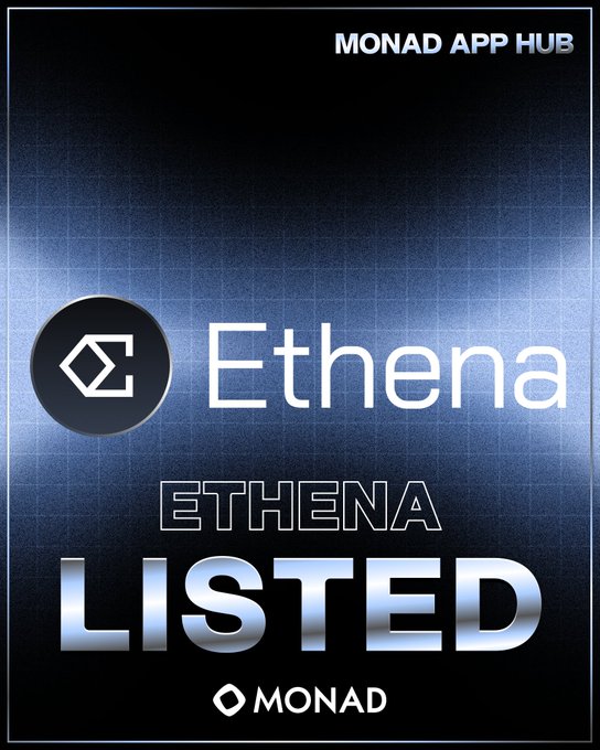 Promotional graphic for Monad App Hub announcing Ethena's listing, featuring the Ethena logo alongside bold "LISTED" text against a dark blue gradient background, with the Monad branding at the bottom.