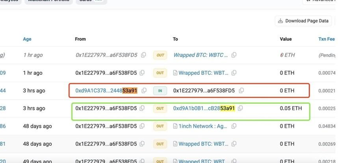 A screenshot of cryptocurrency transaction history showing multiple 'OUT' transactions to 'Wrapped BTC: WBT...' addresses and 'IN' transactions, with specific transaction hashes highlighted by red and green rectangular outlines.