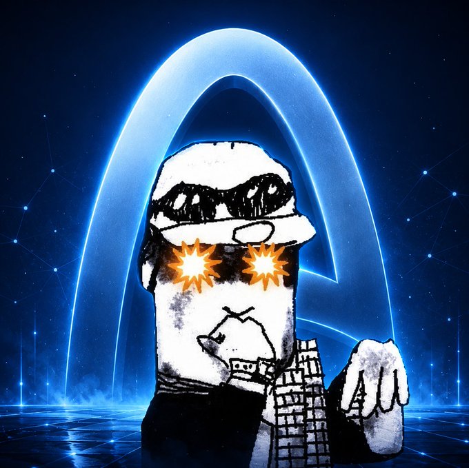 A crudely drawn cartoon figure wearing dark sunglasses and a bandana mask, with glowing orange star-bursts emanating from the eye area, stands against a futuristic blue neon background featuring a large "A" symbol and constellation-like nodes—evoking an anonymous "degen trader" or bandit aesthetic. The image visually reinforces the post's theme of gearing up for Arc Mainnet's launch with a strategy-forward, tactical preparation vibe.