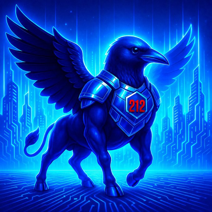 A digital illustration of a blue griffin-like creature with wings and armor on its chest bearing the number '212', set against a glowing blue futuristic cityscape background.