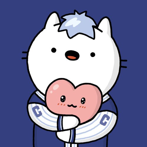 A cute cartoon cat character wearing a blue and white striped outfit joyfully hugs a smiling pink heart character, illustrating a heartfelt tribute to Chum Chum and their NFT community.