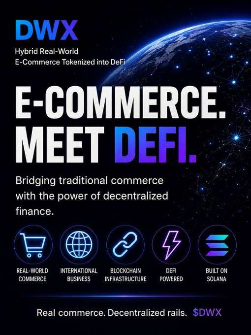 A promotional poster for DWX token, advertising 'Hybrid Real-World E-Commerce Tokenized into DeFi' built on Solana with icons for commerce, international business, blockchain, DeFi, and Solana.