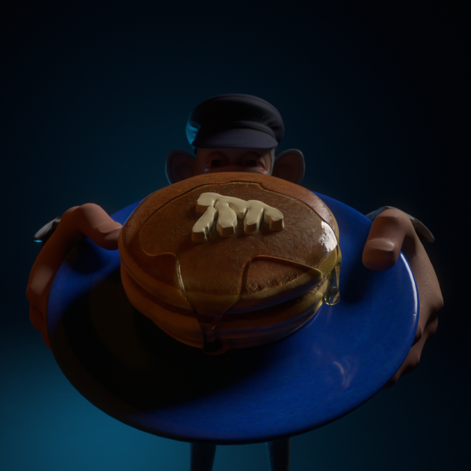 The image features a cartoon character holding up a plate with pancakes, syrup, and butter. The pancakes are topped with a large amount of syrup and butter, making them appear very tasty and delicious. The caption "Morning ..... $APE" suggests that this scene is related to an advertisement or promotion for pancakes, possibly featuring the character as part of the marketing campaign.