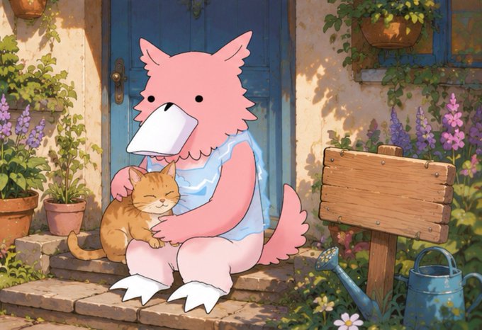 An illustration of a pink anthropomorphic duck-like character hugging an orange cat while sitting on stone steps in front of a blue door, surrounded by potted plants and flowers.