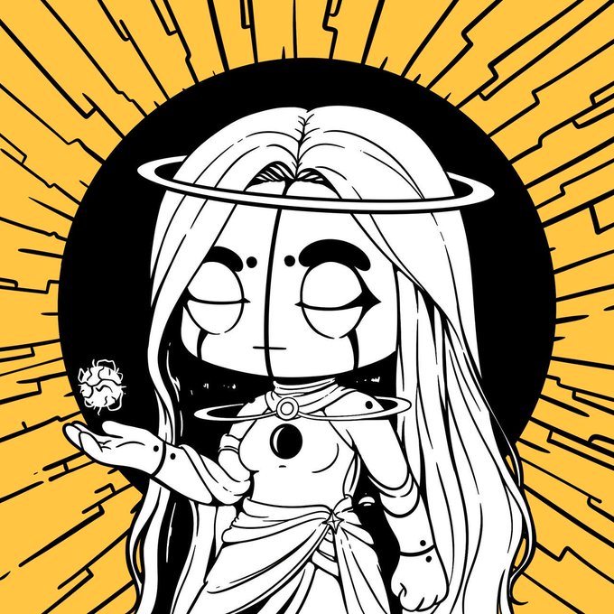 Black and white illustration of an anime-style character with long hair and a halo holding a small flame, set against a yellow background with radiating black lines.