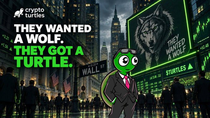 'Crypto Turtles' promotional graphic reading 'THEY WANTED A WOLF. THEY GOT A TURTLE,' featuring a turtle in a business suit on Wall Street with a billboard parodying the Wolf of Wall Street, showing $STURTLES stock rising.