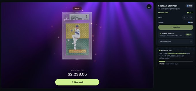 A screenshot of a digital sports card trading app shows a graded baseball card in a plastic slab. The interface displays 'INSURED VALUE $2,238.05', a 'Sport All-Star Pack' for $92.27, and a 'Next pack' button.