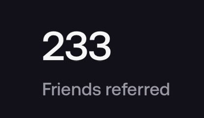 The image shows “233 Friends referred” on a dark background. It appears to display a referral count in connection with a post using code “daremarket” on @fomo to send a “stimmy” to random friends.