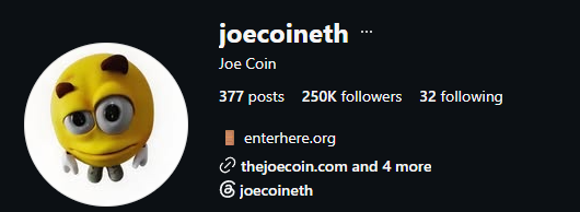 The image shows an Instagram profile for "joecoineth" (Joe Coin) with 377 posts, 250K followers, and 32 following, featuring a yellow smiley face mascot with horns and one large eye. The profile links to enterhere.org, thejoecoin.com, and the Joe Coin website, suggesting the post references Joe Coin's potential price chart pattern mimicking the SPX index.