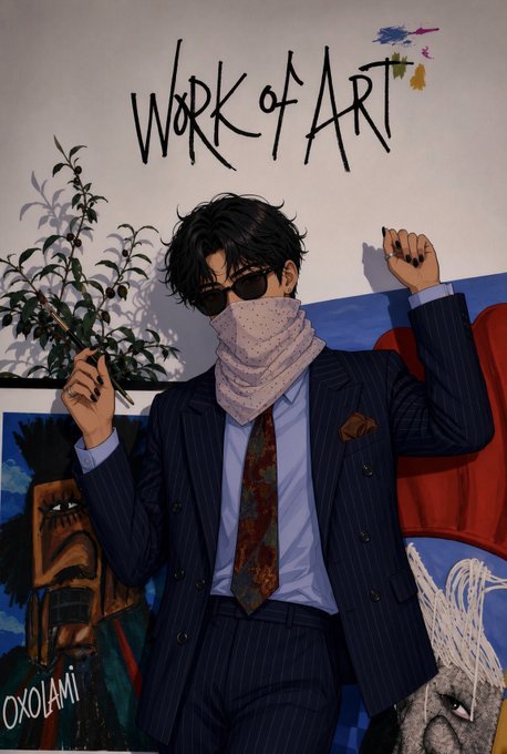 An anime-style illustration of a man in a dark pinstripe suit, patterned tie, bandana face mask, and sunglasses, holding a paintbrush, with the text 'Work of ART' at the top and 'OXOLAMI' at the bottom left.