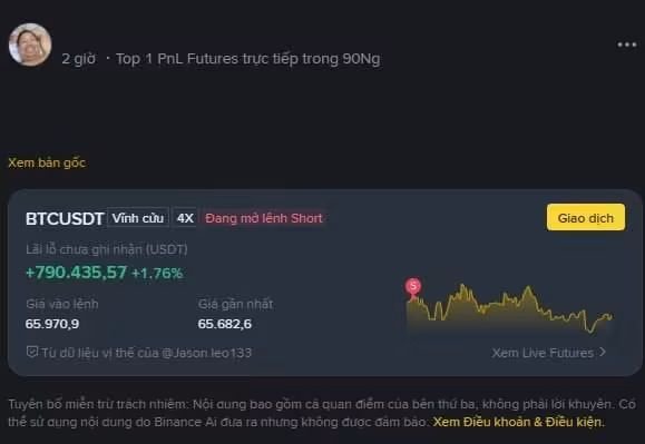 A Vietnamese-language Binance trading interface showing a BTCUSDT position with an unrealized PnL of +790,435.57 USDT (+1.76%) and a 4X leverage short position.