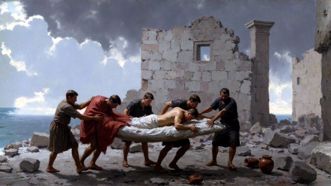 A classical painting depicting men carrying a wounded figure on a stretcher amid ancient stone ruins by the sea.