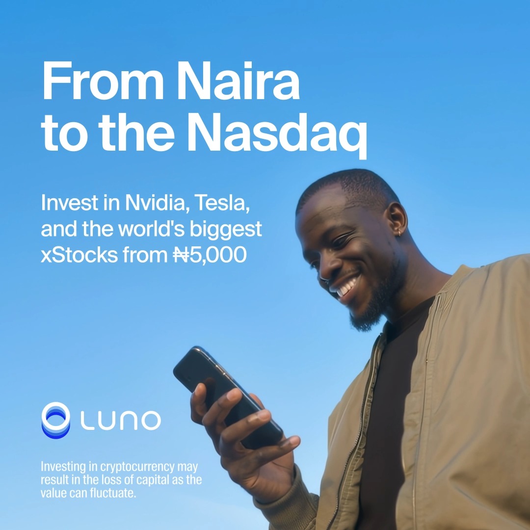A smiling man in a tan jacket looks down at his phone against a clear blue sky, beside the Luno logo. The ad's headline reads "From Naira to the Nasdaq" and offers access to tokenised stocks like Nvidia and Tesla starting from ₦5,000, with a disclaimer noting that cryptocurrency investing may result in capital loss.