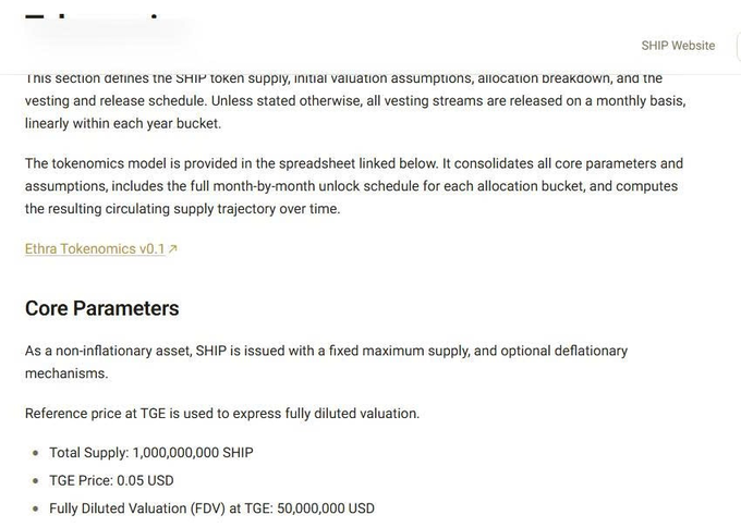 A documentation page detailing SHIP tokenomics, listing Core Parameters including a Total Supply of 1,000,000,000 SHIP, a TGE Price of 0.05 USD, and a Fully Diluted Valuation of 50,000,000 USD.