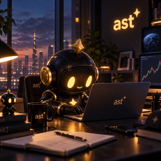 An AI-generated image of a cute black and gold robot with glowing eyes working at a laptop displaying 'ast' branding, with a matching coffee mug, in a modern office with city skyline views.