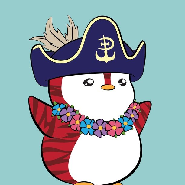 The image features a cartoon penguin wearing a pirate hat with an anchor emblem and a flower garland around its neck, standing against a blue background. The text "It was hard to say goodbye to my old PFP, but the time had come for a change." is present in the image. This suggests that the penguin might be reminiscing about its past life as a PFP (Penguin Family Port) and transitioning into a new phase of life with a pirate hat on. The post seems to be related to the idea of change or adaptation, possibly encouraging people to embrace new experiences or perspectives in their lives.