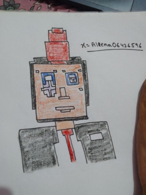 A child's colored-pencil drawing of a blocky, Minecraft-style character with a red hat, gray body, blue eyes, and a tie, with 'X = Aikena06426596' written in the corner.