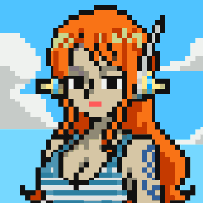 A pixel art illustration depicts a red-haired female character with headphones and mechanical headgear against a blue sky background.